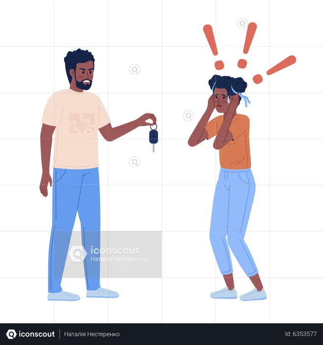 Angry father with car key and panicked daughter  Illustration