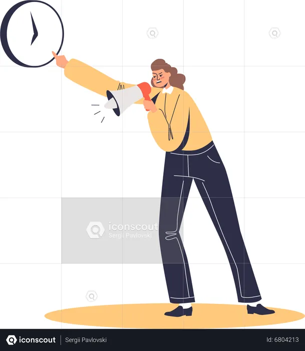 Angry female boss with megaphone scream pointing at time  Illustration