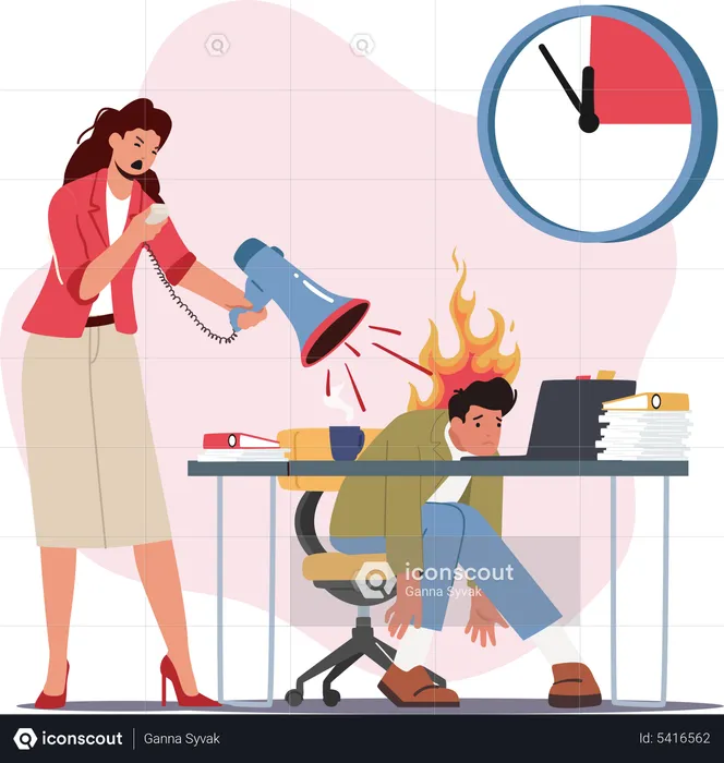 Angry Female Boss Yelling at Male Employee Scolding for Incompetent Work  Illustration