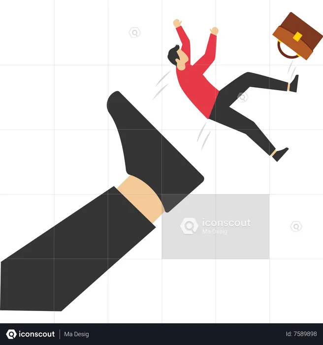 Angry giant boss kicking employee businessman from office  Illustration