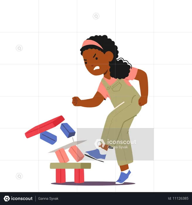 Angry Girl Kicking Blocks  Illustration