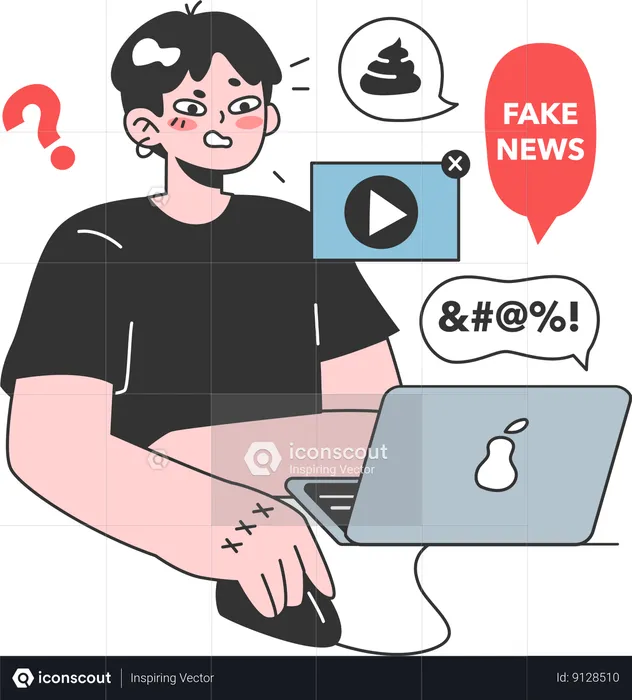 Angry girl watching fake news using laptop  Illustration