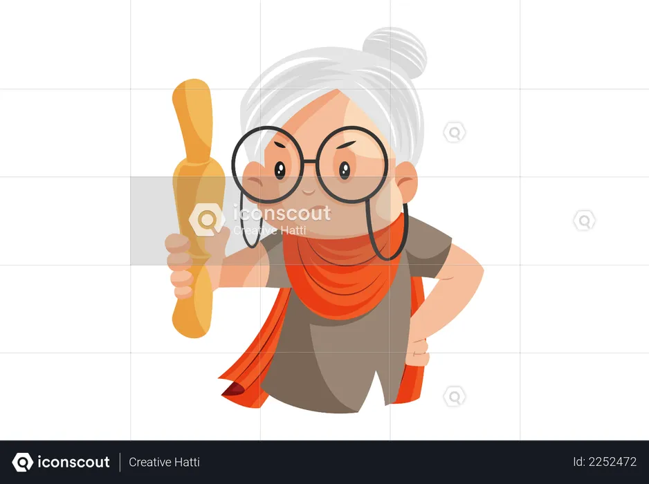 Angry Grandmother is holding a rolling pin in her hand  Illustration