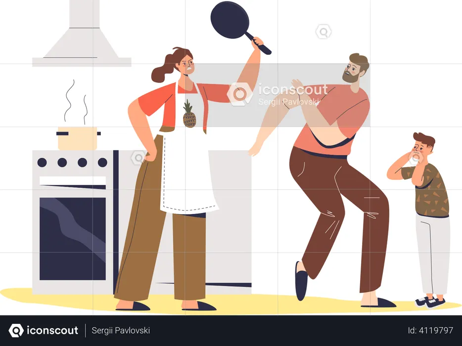 Angry housewife screaming on husband and child  Illustration