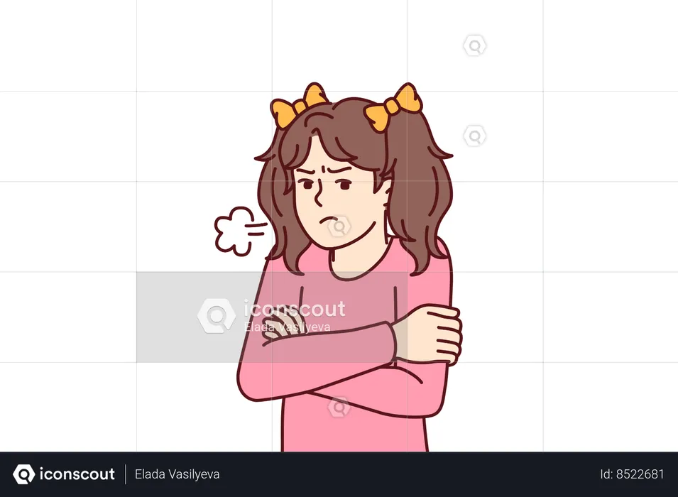 Angry little girl stands with arms crossed  Illustration