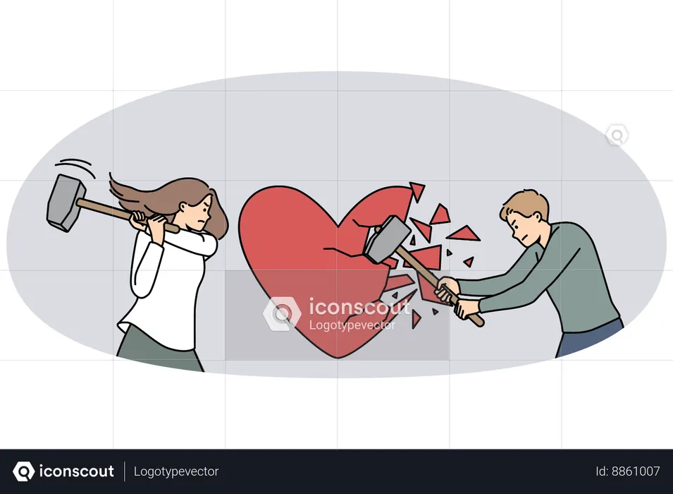 Angry man and woman break huge heart with hammers suffer from breakup  Illustration