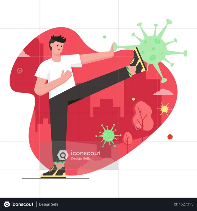 Angry man kicks huge virus  Illustration