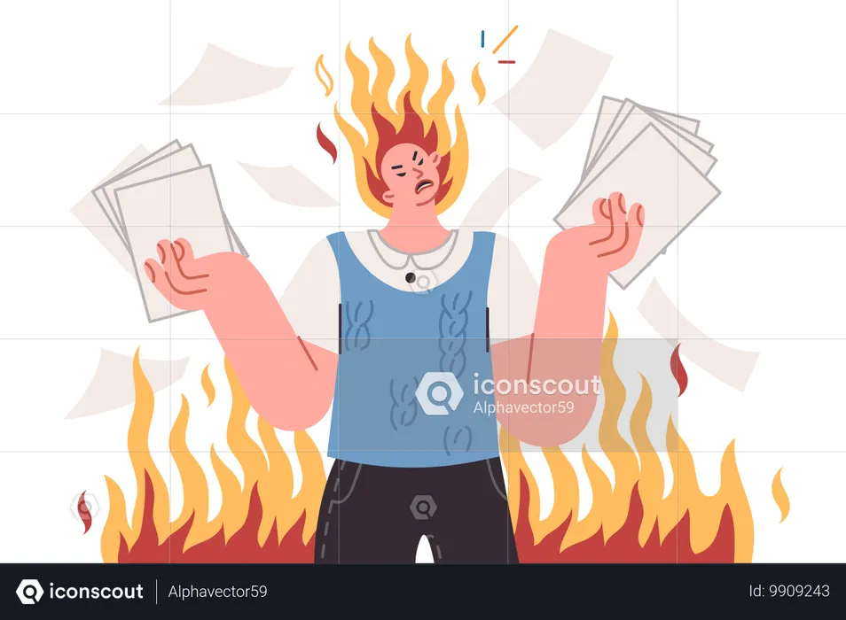 Angry man nervous about bureaucracy and overabundance of paperwork  Illustration