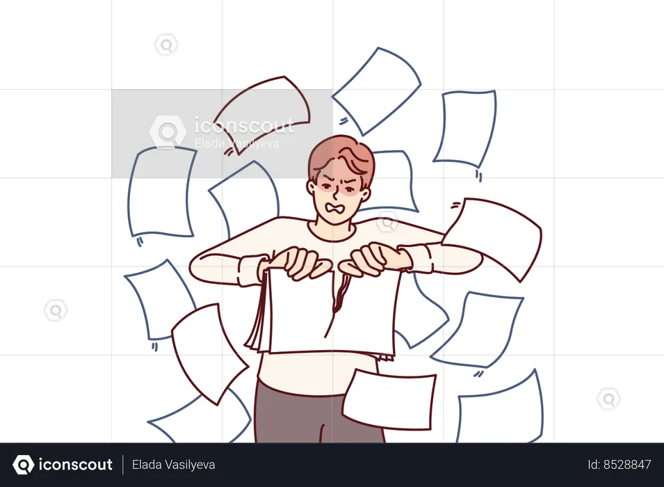 Angry man rips up documents  Illustration