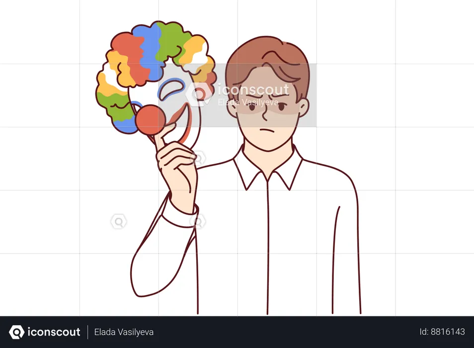 Angry man takes off mask of happy clown  Illustration