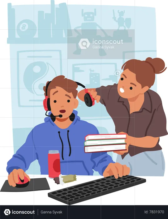 Angry Mother Trying To Break Through Son Headphone Zone And Grab His Attention From The Computer  Illustration