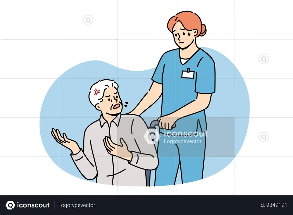 Angry patient in wheelchair swears at nurse and expressing dissatisfaction with healthcare system  Illustration