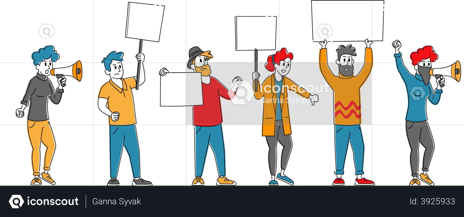 Angry people protesting while holding boards  Illustration