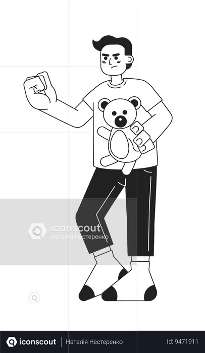 Angry preteen boy with stuffed bear threatening  Illustration