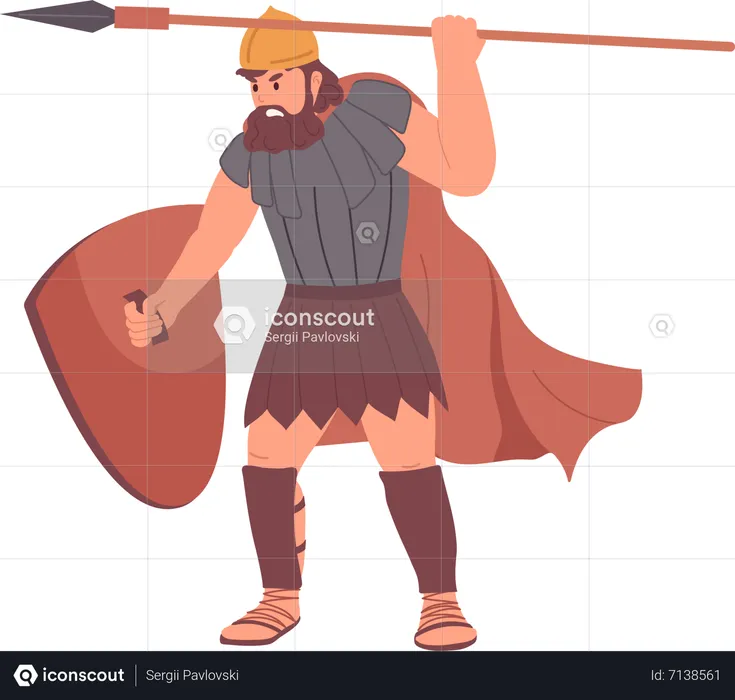 Angry roman Goliath warrior in helmet standing with shield and attacking with spear  Illustration