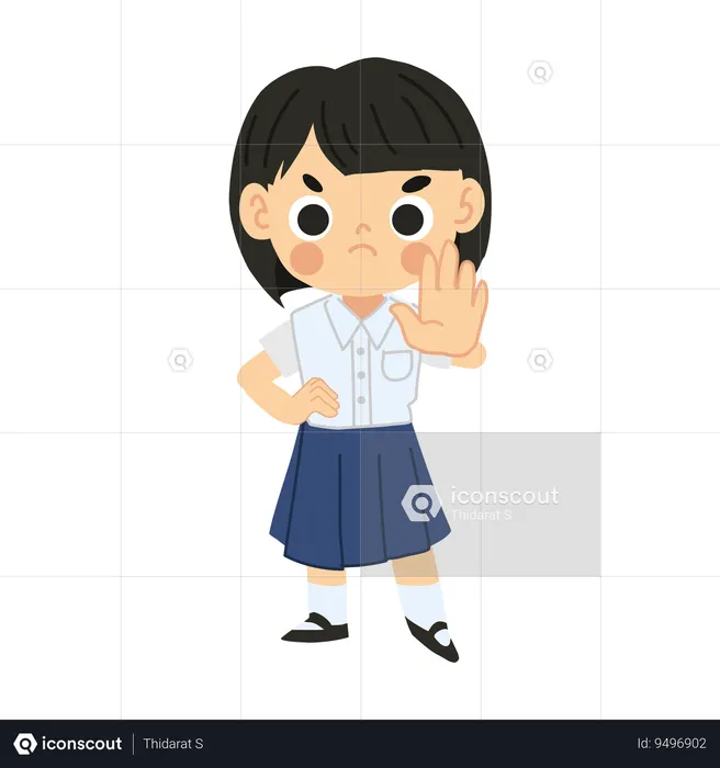 Angry Thai Student Girl in Expresses Refusal with NO Hand Gesture  Illustration
