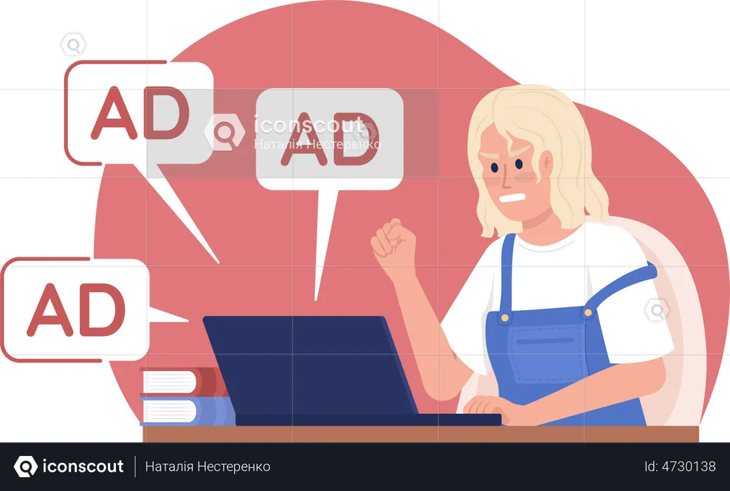 Angry woman and ads notifications  Illustration