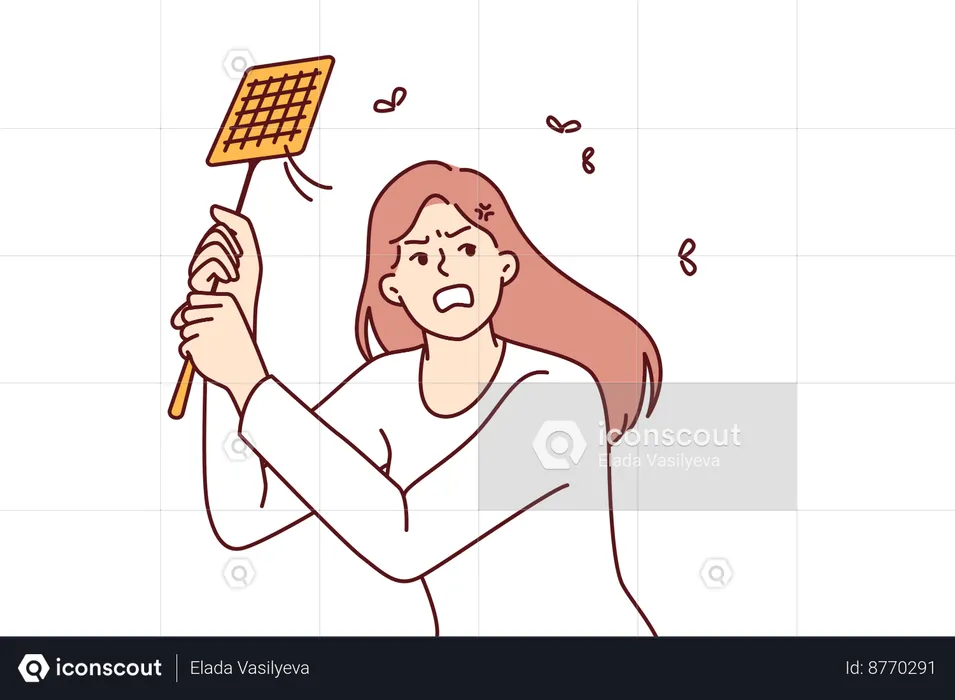 Angry woman is killing mosquitoes using swatter  Illustration