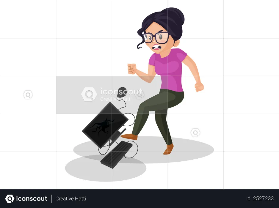 Angry woman kicking computer  Illustration