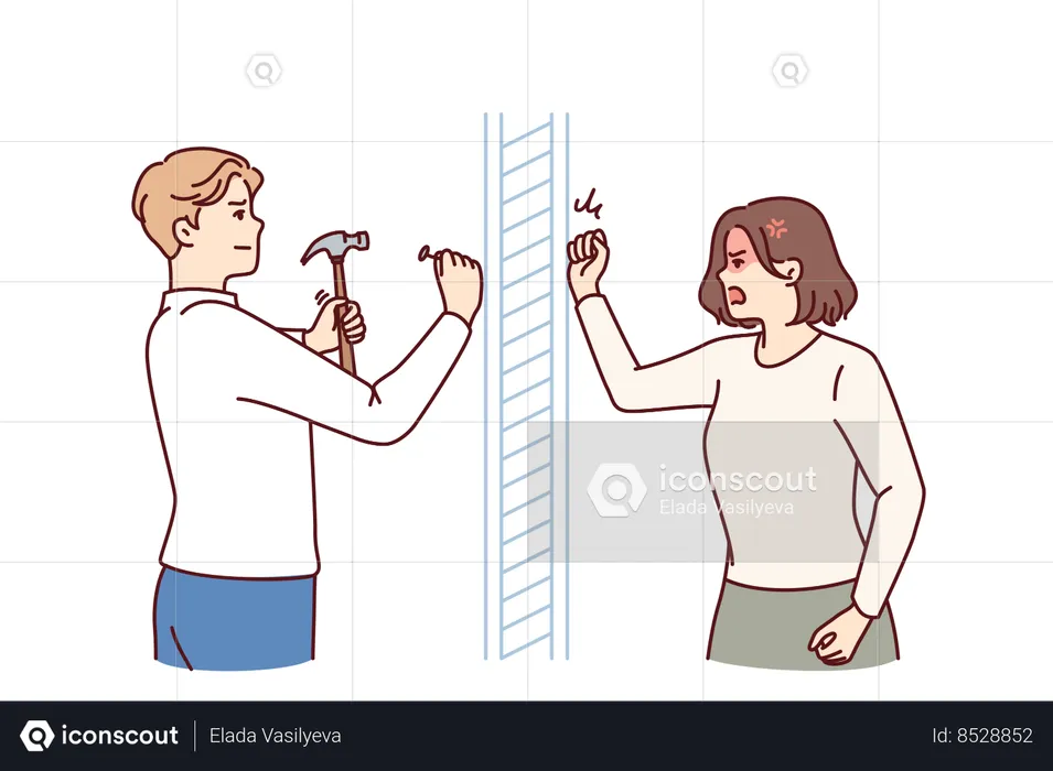 Angry woman knocks on wall  Illustration