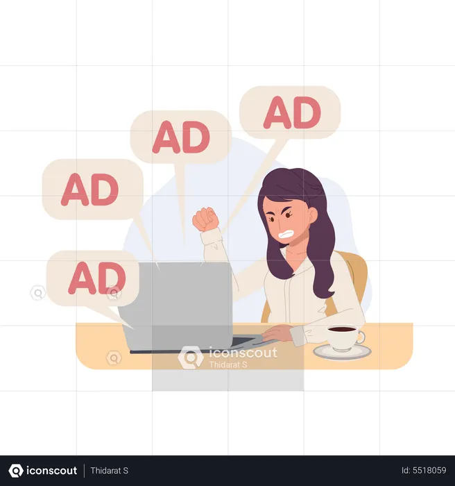 Angry woman with ads notifications from laptop  Illustration