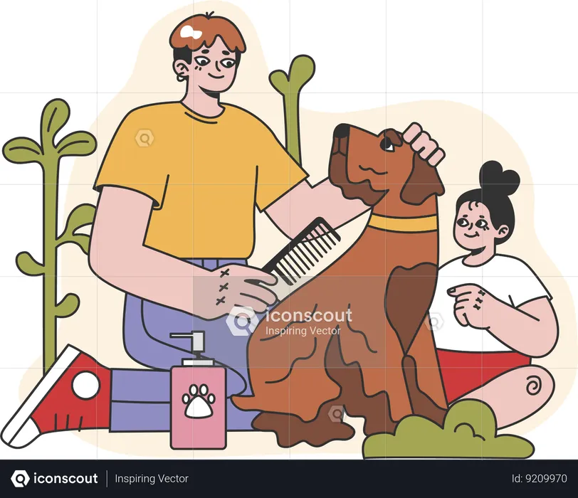 Menino e menina cuidando de animal de estimação  Ilustração