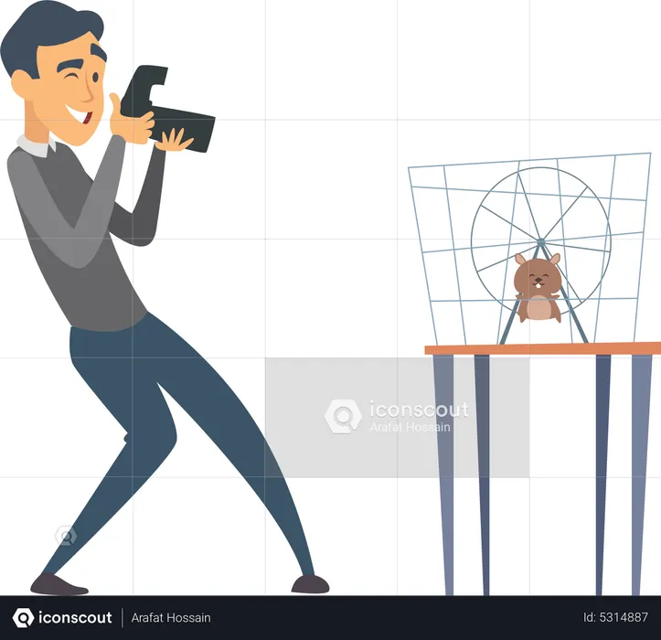 Animal photographer taking photo of mouse  Illustration