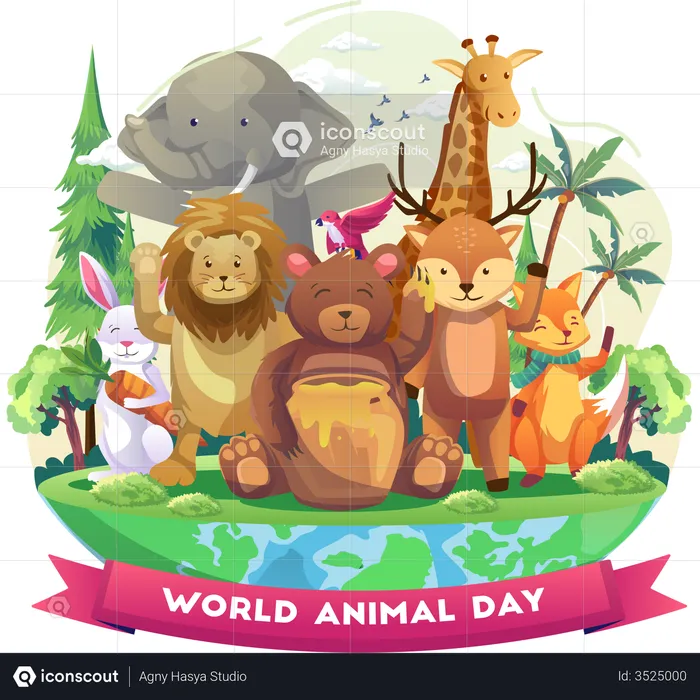 Animales felices en el zoológico en el día mundial de los animales  Ilustración
