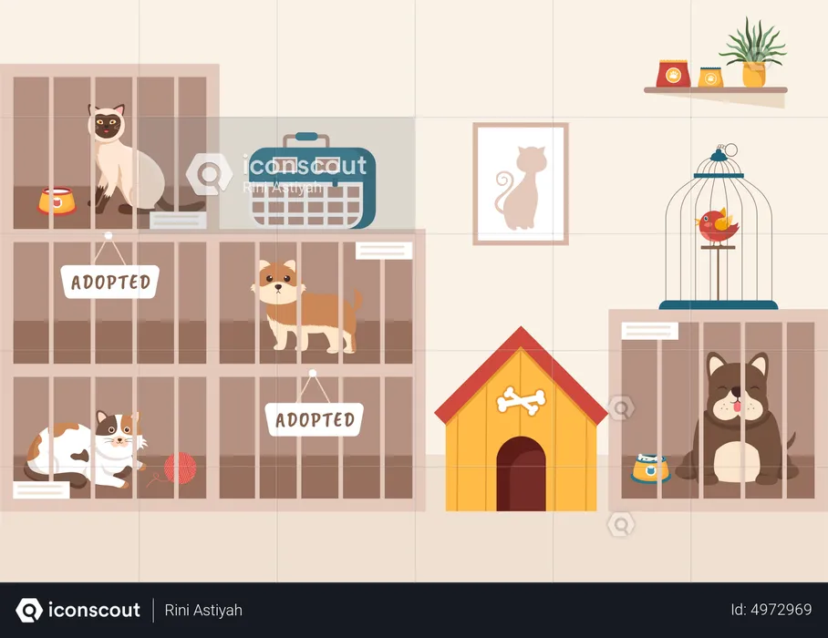 Animals in adoption center  Illustration