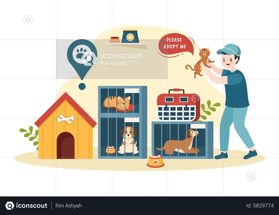 Animals in adoption center  Illustration