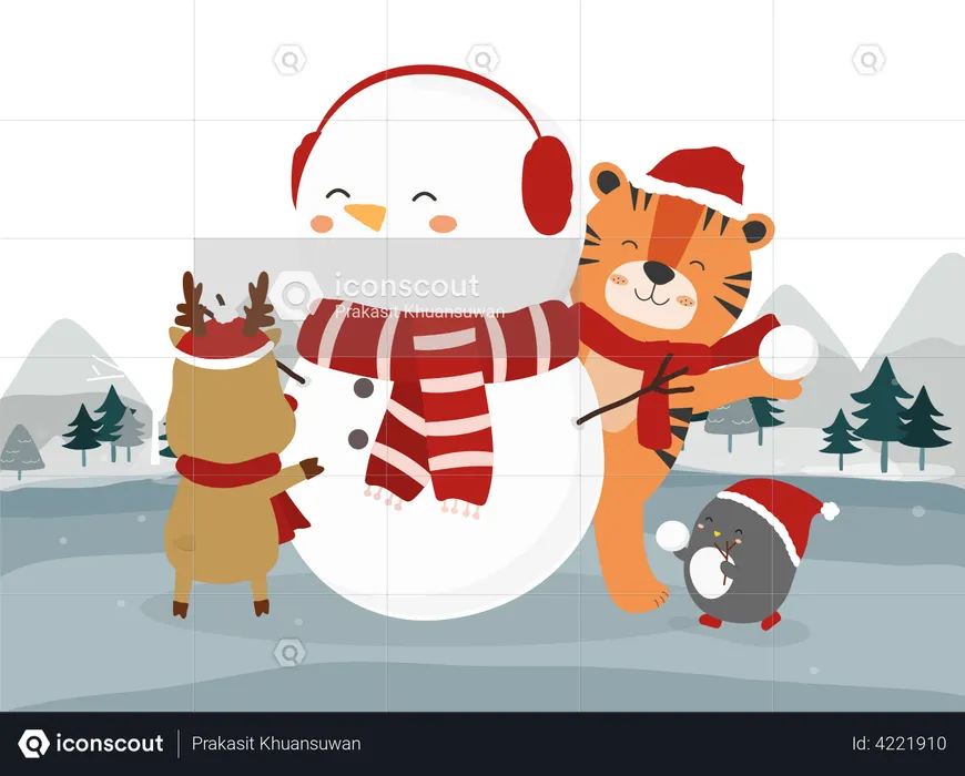 Animals playing with snowman  Illustration