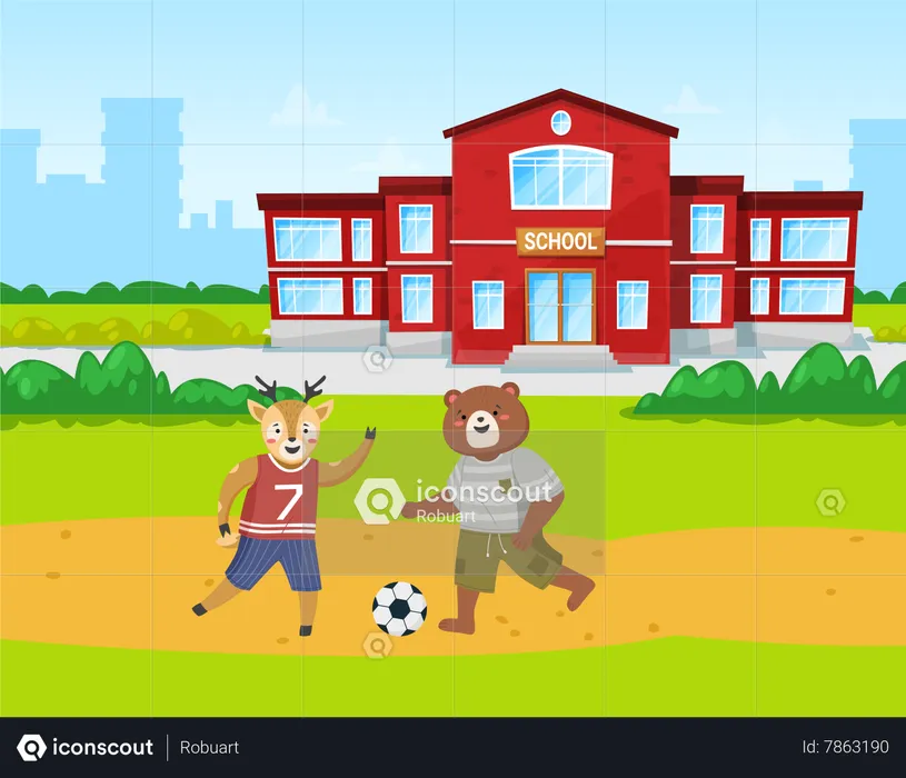 Animals students play football on playground in front of the school building  Illustration