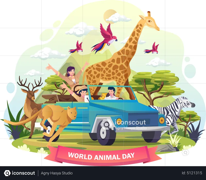 Animals zoo keeper are exploring the jungle savanna in a vehicle  Illustration