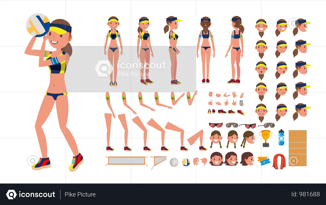 Animated Character Creation Set Of Beach Volleyball Female Player  Illustration