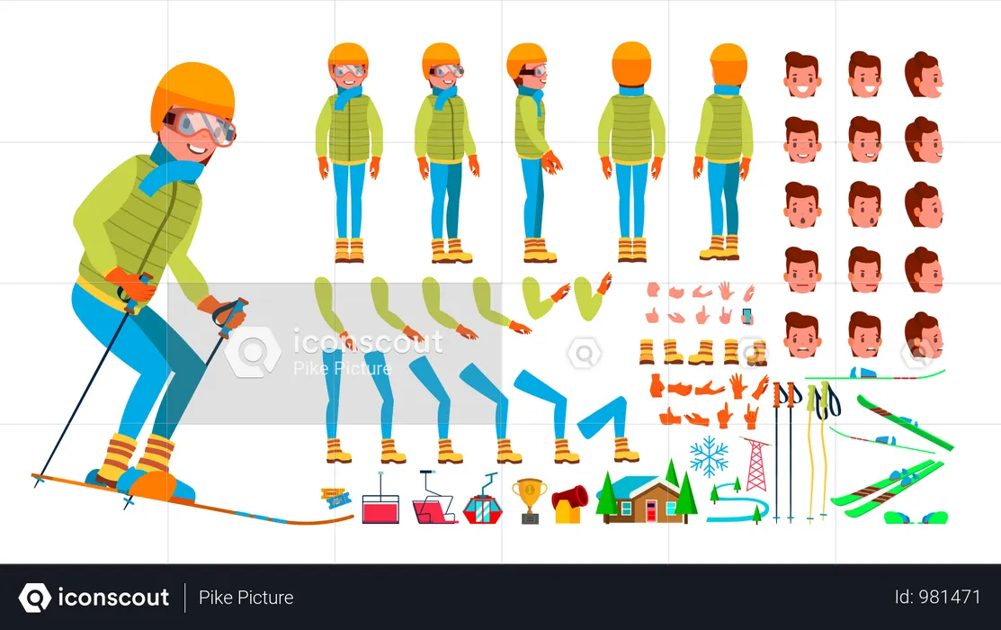 Animated Character Creation Set Of Skiing Man  Illustration