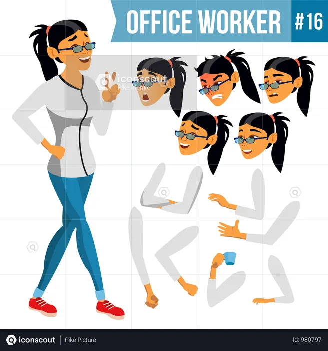 さまざまな表情の感情を持つ女性従業員のアニメーション作成セット  イラスト