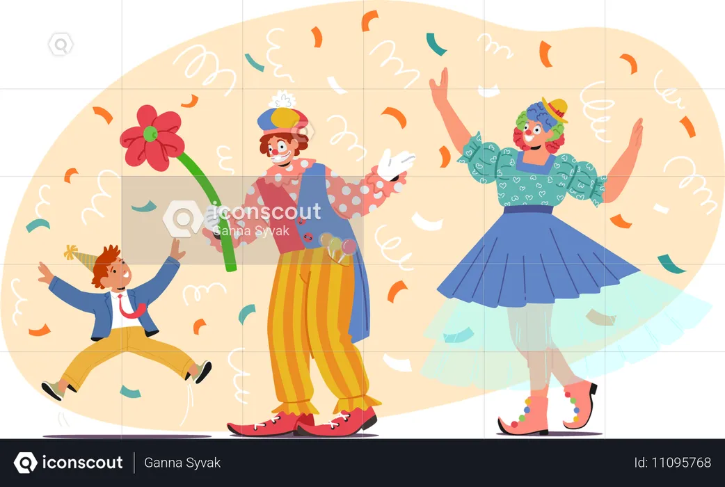 Animator-Clowns in bunter, skurriler Kleidung sorgen für eine entzückende Szene auf einer Kinderparty  Illustration