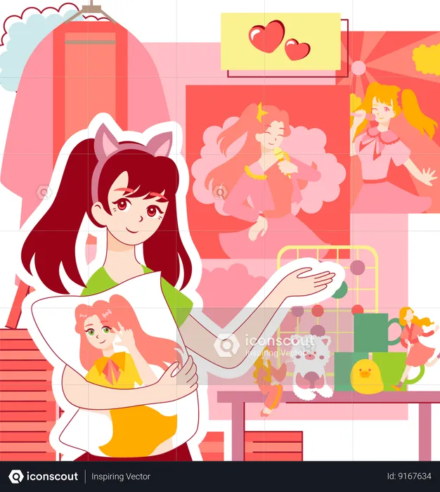 Anime Girl With Anime Merchandise  Illustration