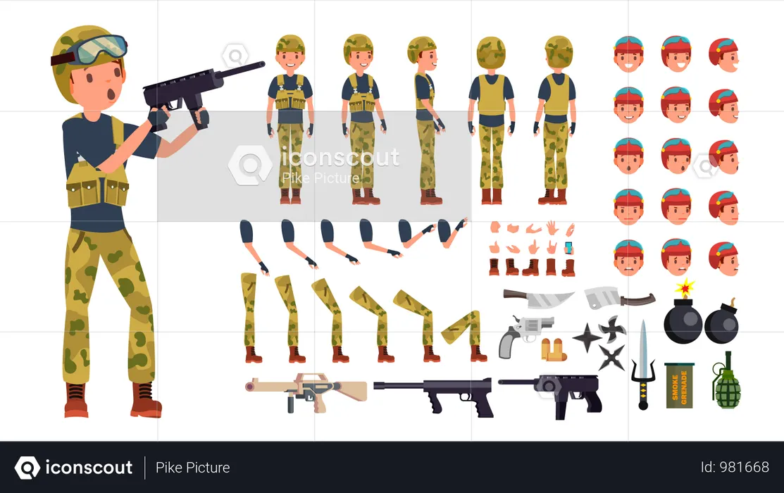 Animiertes Charaktererstellungsset für Soldaten  Illustration