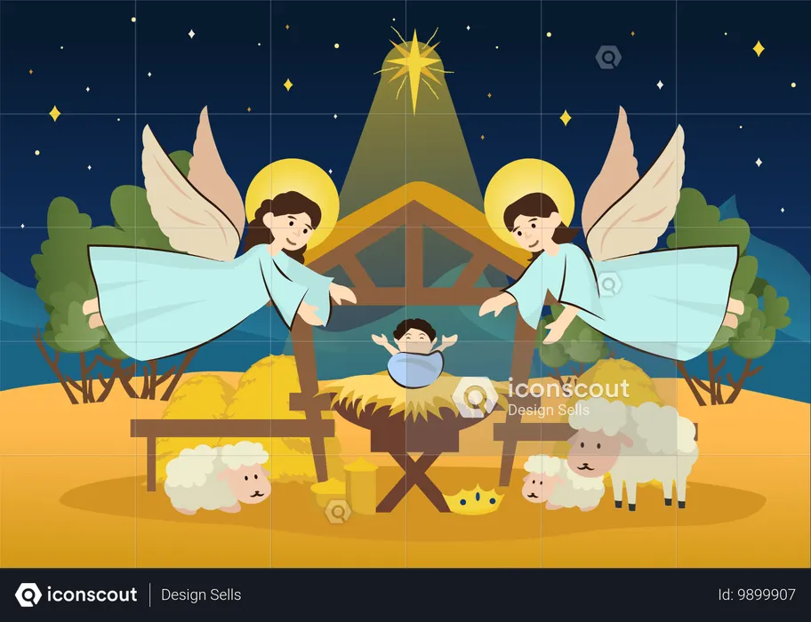 Anjos cumprimentam Jesus, bebê  Ilustração