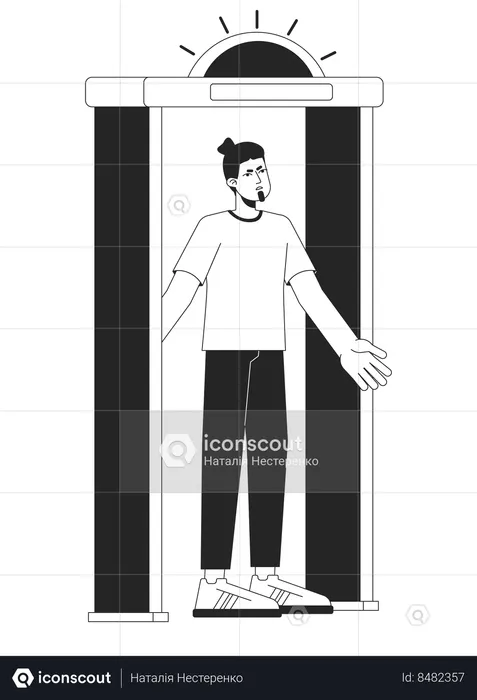 Annoyed man stands in security gate  Illustration