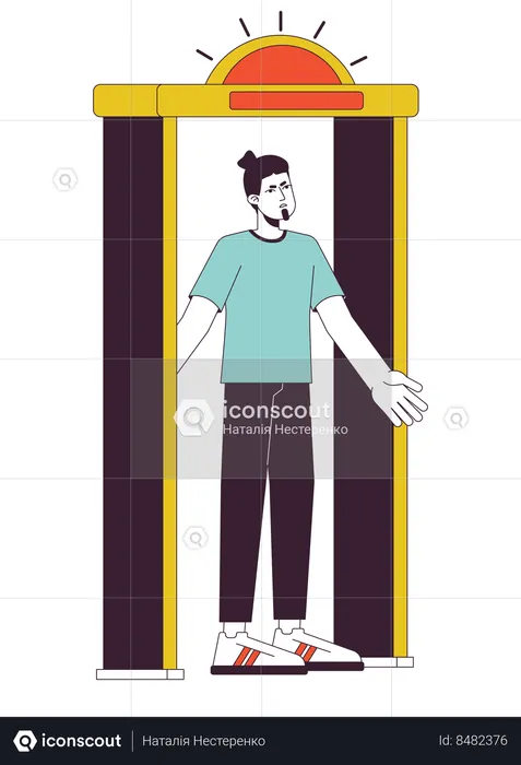 Annoyed man stands in security gate  Illustration