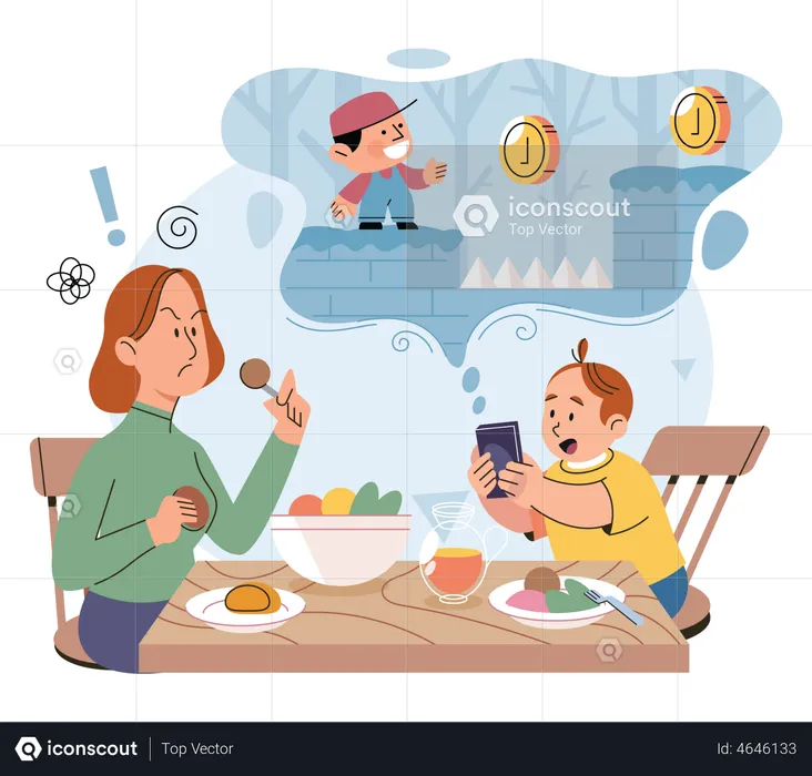 Annoyed mother due to son playing game on dinner time  Illustration