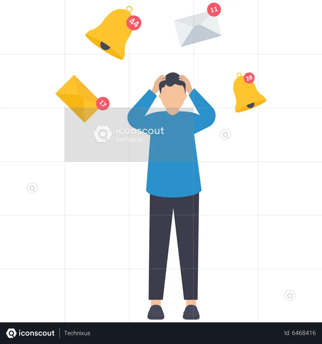 Annoying notifications disturbing pop up or online message sound, marketing or advertising push notifications concept, businessman running away from apps, email and ringing bell notifications.  Illustration