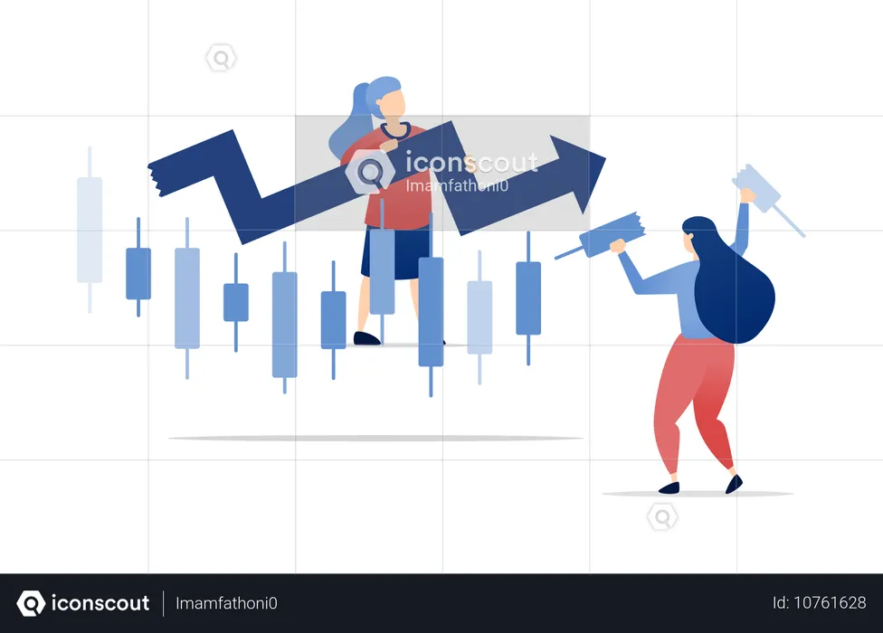 Ansichten einer Frau zur Entwicklung des Aktienmarktes und zu Investitionen  Illustration