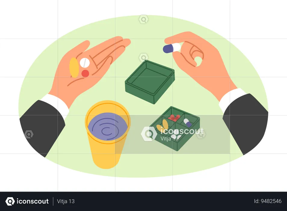 Antibiotics and vitamins in hands of man standing near pillbox with medicines and glass of water  Illustration