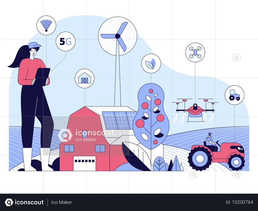 Antigo usando ferramentas de agricultura inteligente na rede 5G  Ilustração