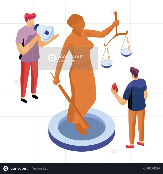 Rechtsanwälte stehen in der Nähe des Justizsymbols  Illustration