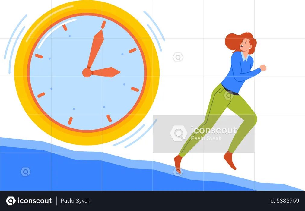 Anxious Business Woman Running Away from Huge Clock  Illustration