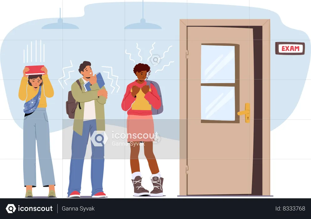 Anxious Students Gather At The Exam Room Door  Illustration